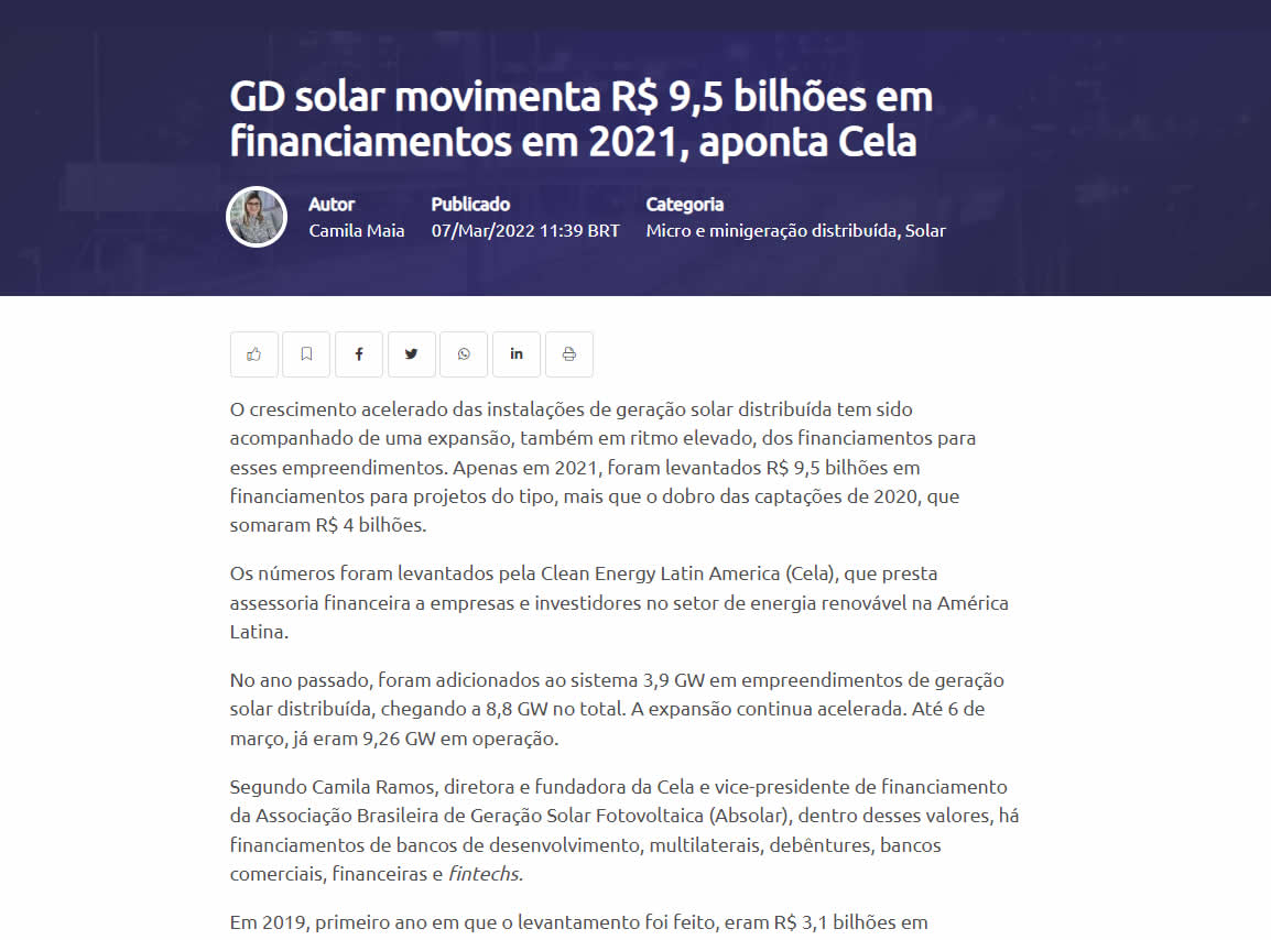 GD solar movimenta R$ 9,5 bilhões em financiamentos em 2021, aponta Cela