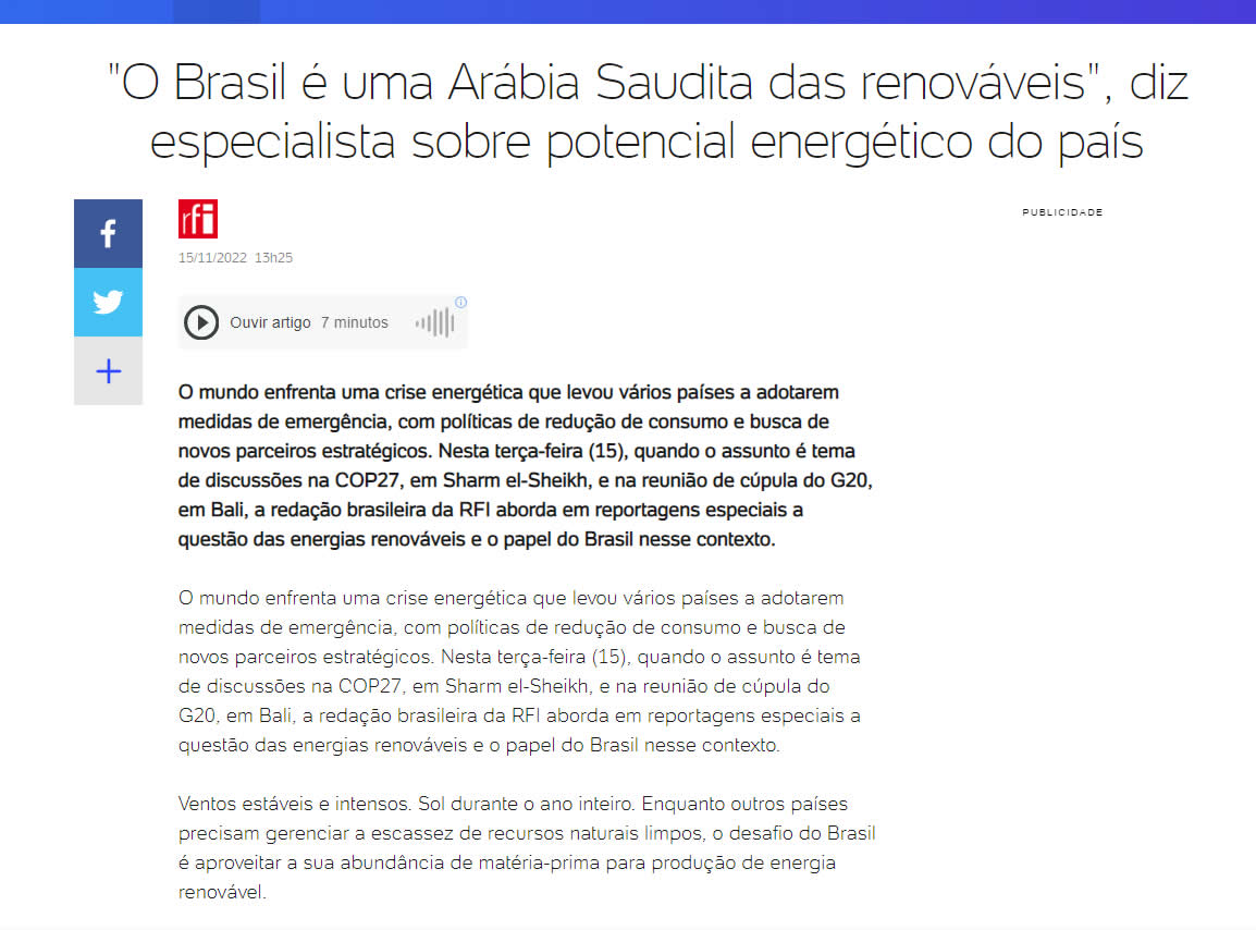 O Brasil é uma Arábia Saudita das renováveis, diz especialista sobre potencial energético do país.