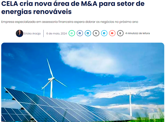 CELA cria nova área de M&A para setor de energias renováveis