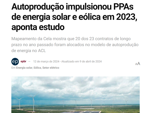 Autoprodução impulsionou PPAs de energia solar e eólica em 2023, aponta estudo