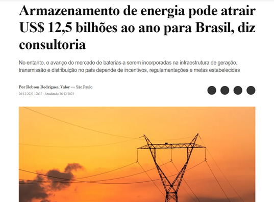 Armazenamento de energia pode atrair US$ 12,5 bilhões ao ano para Brasil, diz consultoria